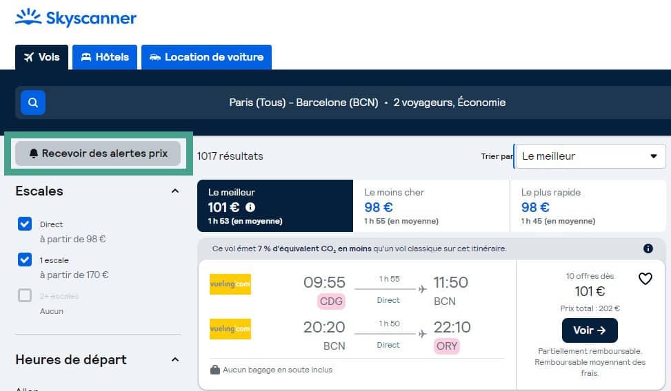 alertes prix skyscanner